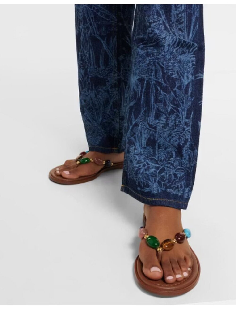 FSJ Brown Open Toe Multicolor Stone Decor Flip Flops for Women